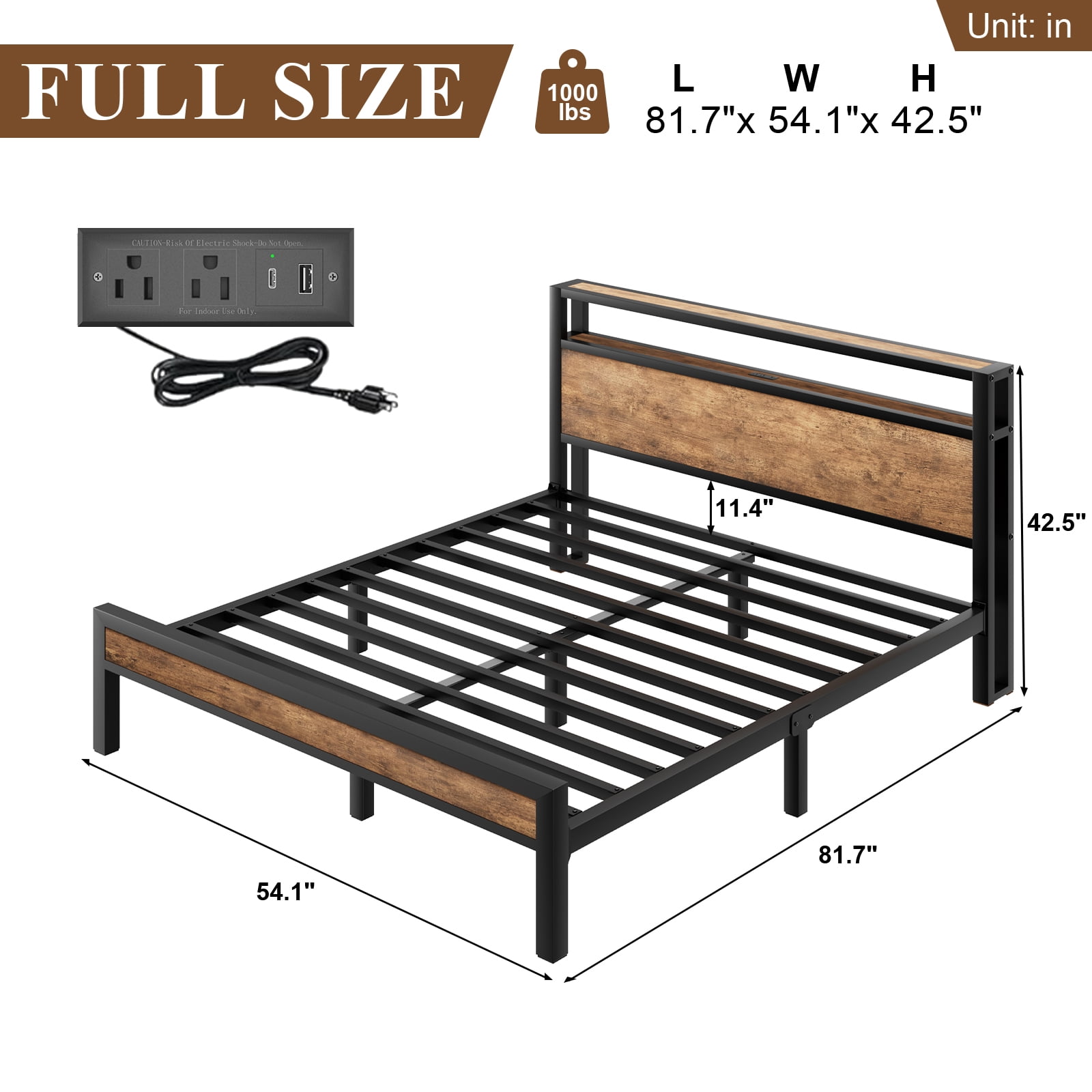 Full Size Bed Frame with LED Lights,Metal Platform Bed with 2-Tier Storage Headboard and Charging Station, Brown