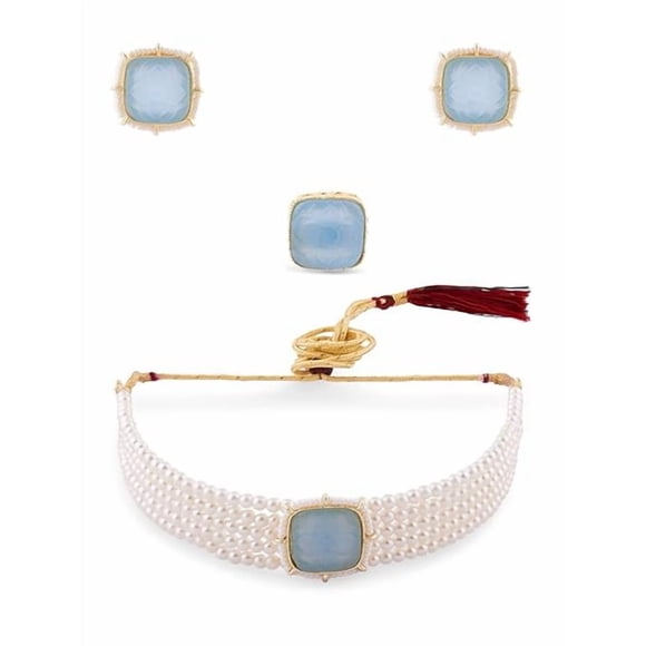 Grey & White Stones Multistrand Pearls Choker Necklace Set With Earring & Ring Set For Women | Trend Choker Necklace - Ethnic Indian Styles & Designs Choker Jewellery Set For Collection