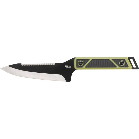 SOG Terragrip Fixed Blade Knife 6.7" Spine Serrated Drop Point 420 Black Blade TPR Overmold Handle Black/Green