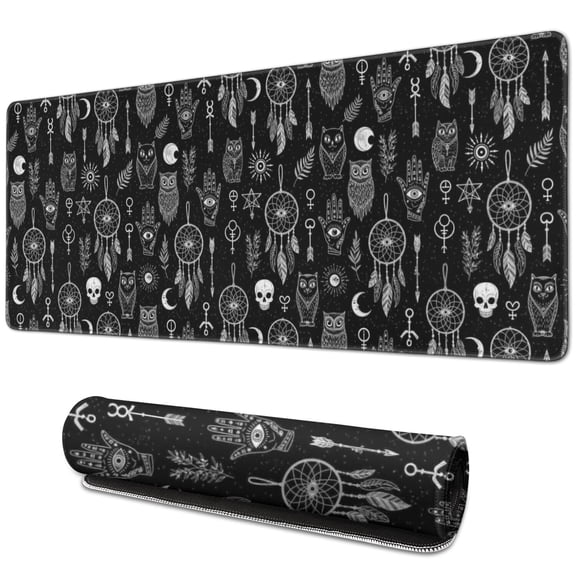 Long Mouse Pads for Desk,Black White Gothic Dreamcatcher Owl Skull Desk Mats on Top Of Desks, Desk Mouse Pad Extra Large with 3mm Non-Slip Base and Stitched Edge for Gaming,Work,Home 31.5"x11.8"