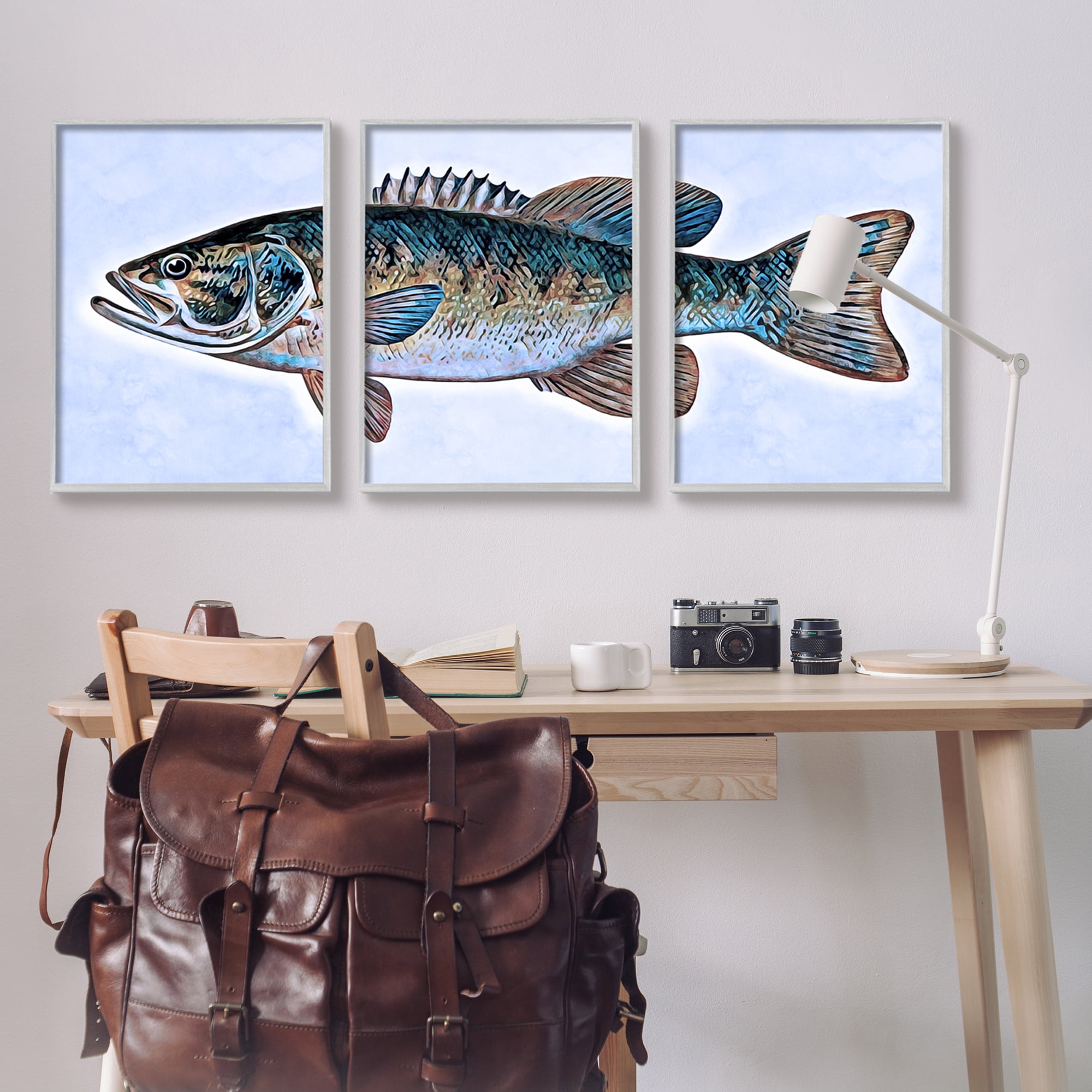Stupell Marine Bass Fisherman Sea Life Animals & Insects Painting Gray Framed Art Print Wall Art, Set of 3