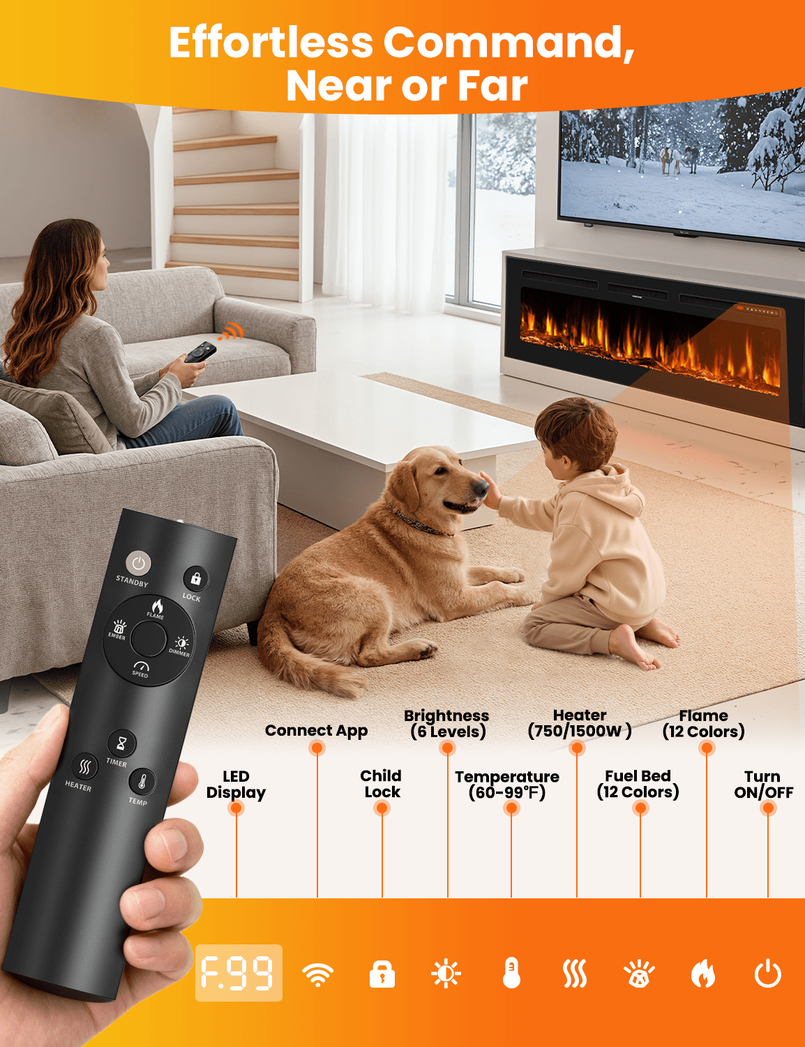 Patiosunny 50" WiFi Electric Fireplace, Freestanding/Inserts/Wall Mounted Fireplace Heater, 12 Flame Colours, with WiFi Remote Control&Smart App, 12H Timer, for Living Rooms and Bedrooms