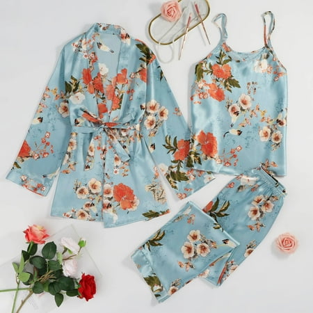 

Bessbest New Intimates Nightgown Suit + Pajamas Trousers + 3Pcs Pajamas Suspender Satin Flower Vest Women S Printed