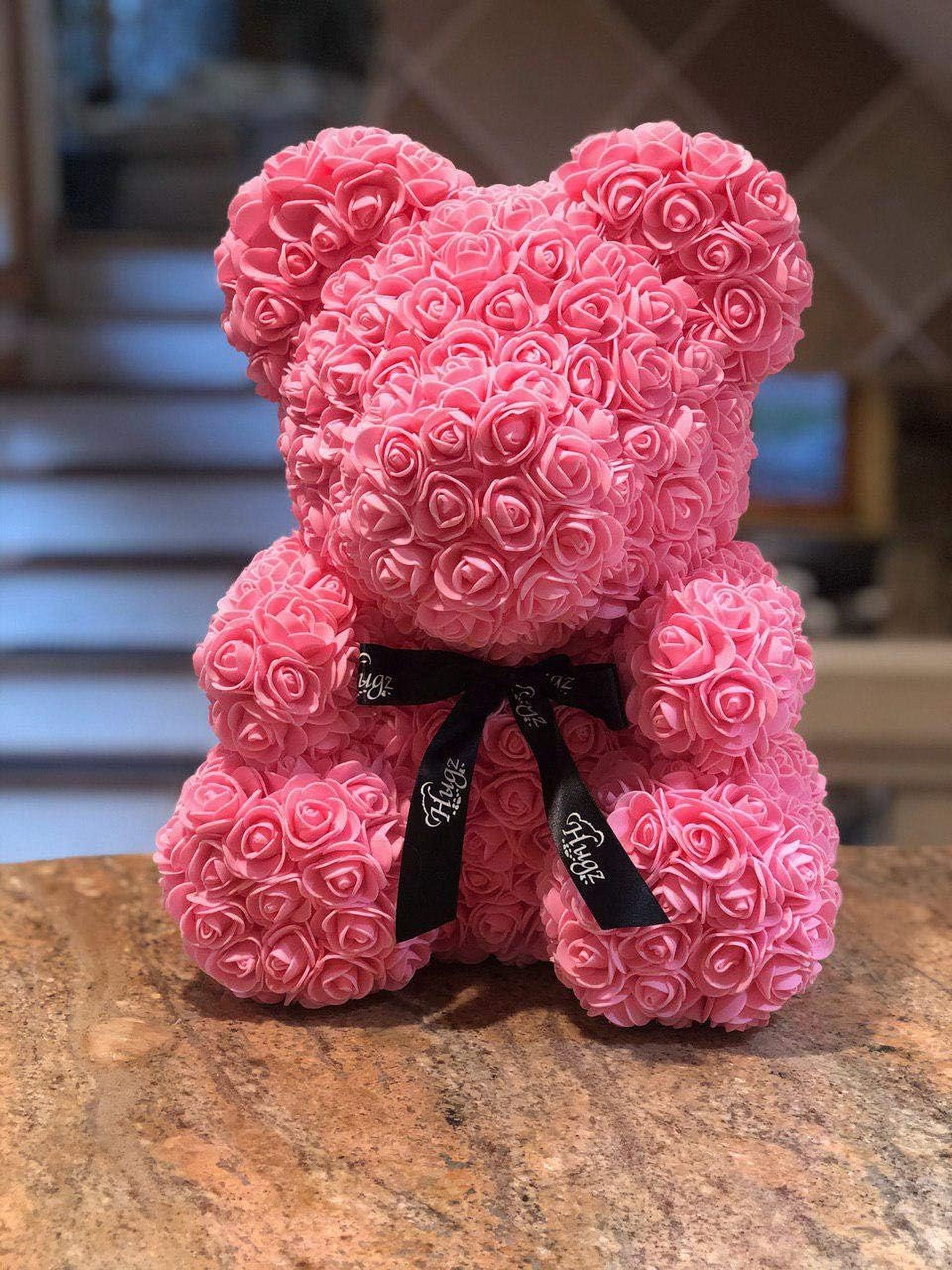 Rose Flower Bear - The 16 inch Hugz Teddy Bear with Over 20 Dozen Artificial Flowers - Best Gift for Valentines Day, Anniversary, Birthdays, Co-Workers & Bridal Showers (Pink) - w/Clear Gift Box