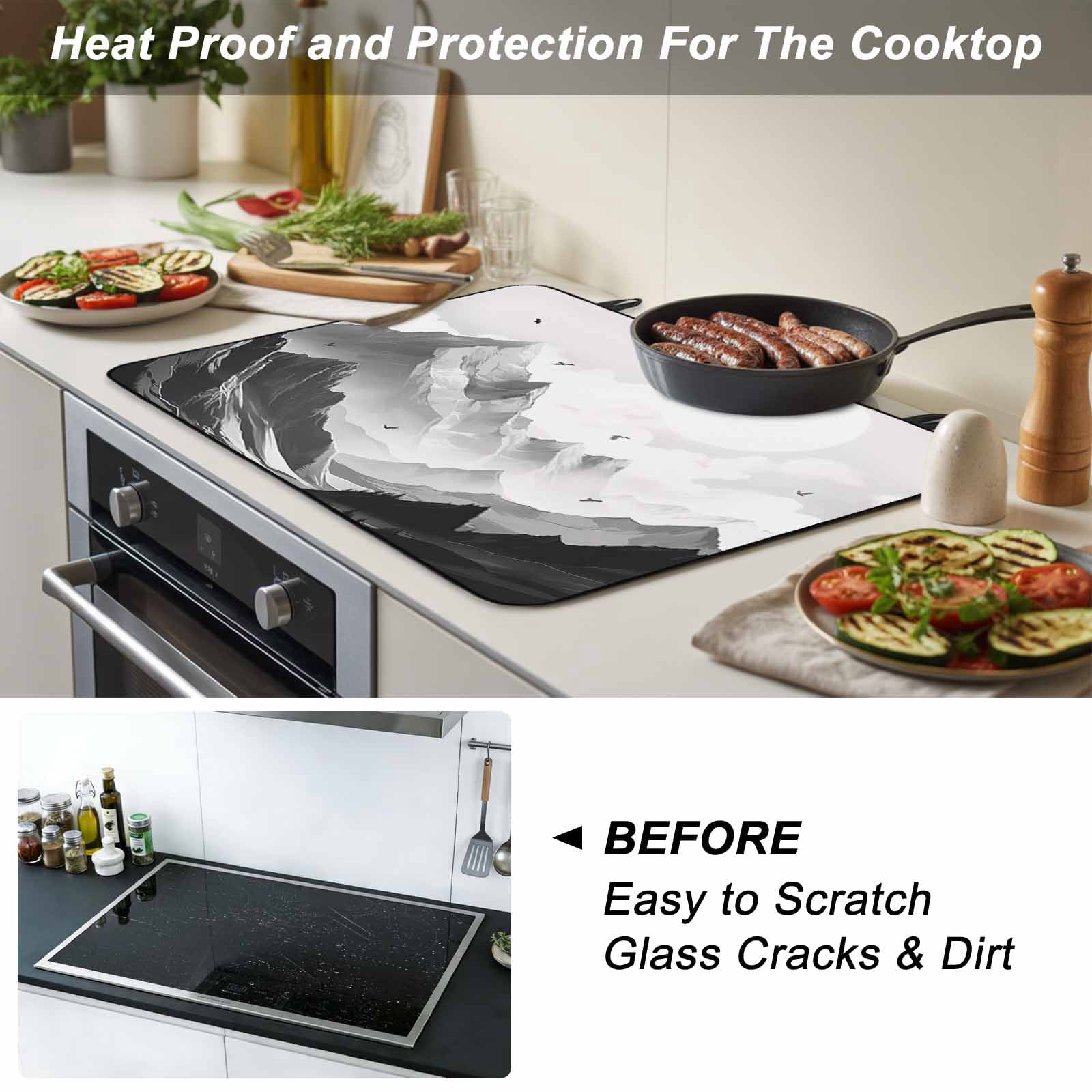 Mountain Stove Top Cover for Electric Stove, Heat-proof & Non Slip Glass Top Stove Cover Protector, Eagle Sky Cloud Black and White Landscape Kitchen Flat Cooktop Rubber Mat 24x21 Inches