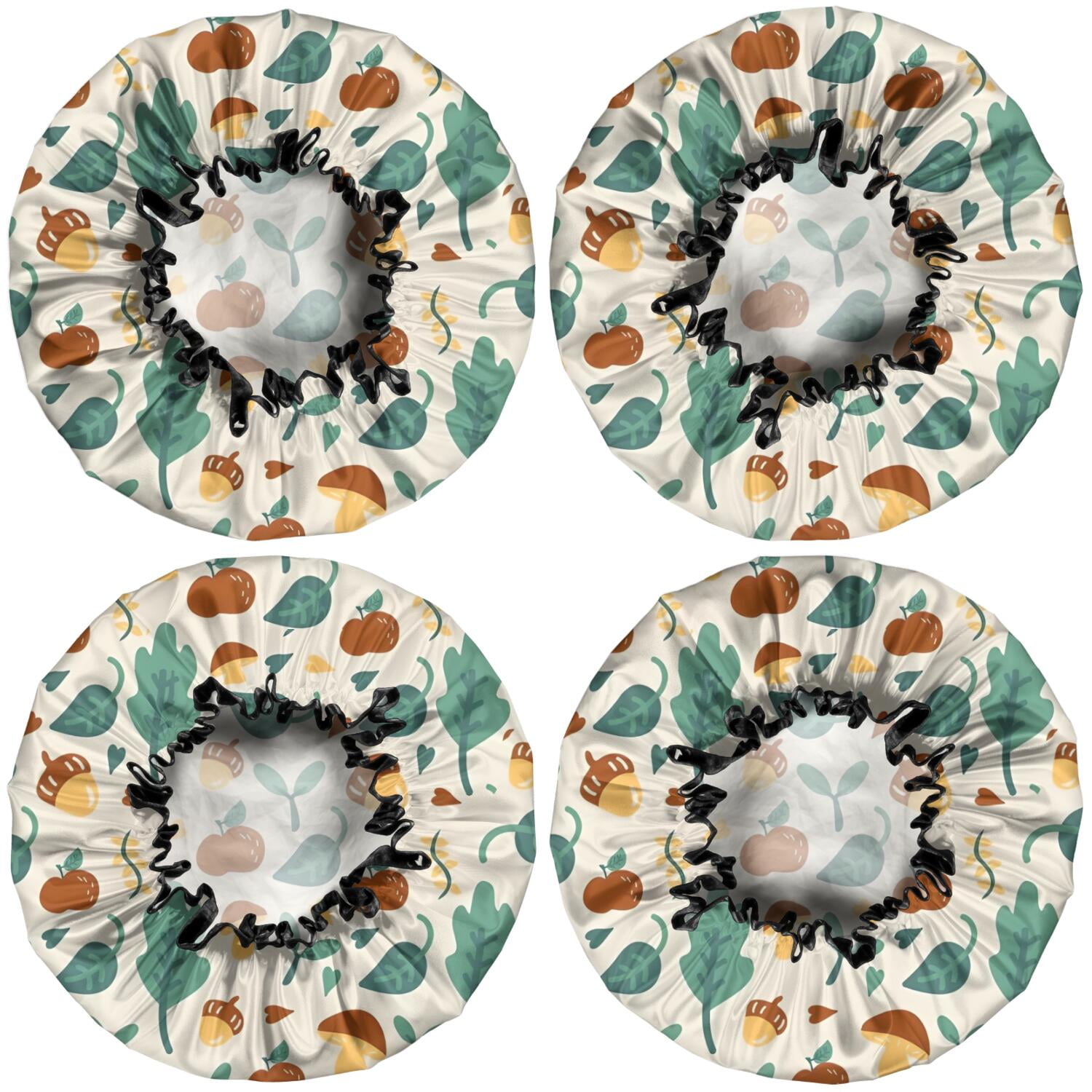 Shower Caps,Brown Green Mushroom Fruit Leaf Beige Pattern Waterproof Shower Cap for Women 4 Pieces,Double Reusable Hair Cover for Shower PEVA Elastic Stretch Hem