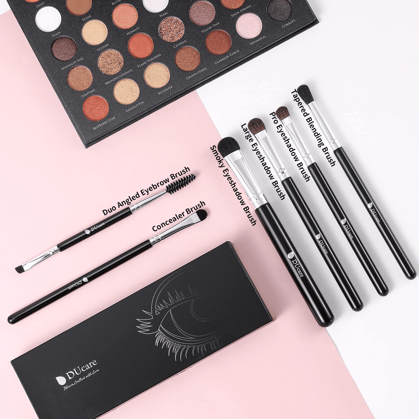 DUcare 6 Piece Angled Eyeshadow and Eyebrow Makeup Brush Set, Synthetic Hair, Black