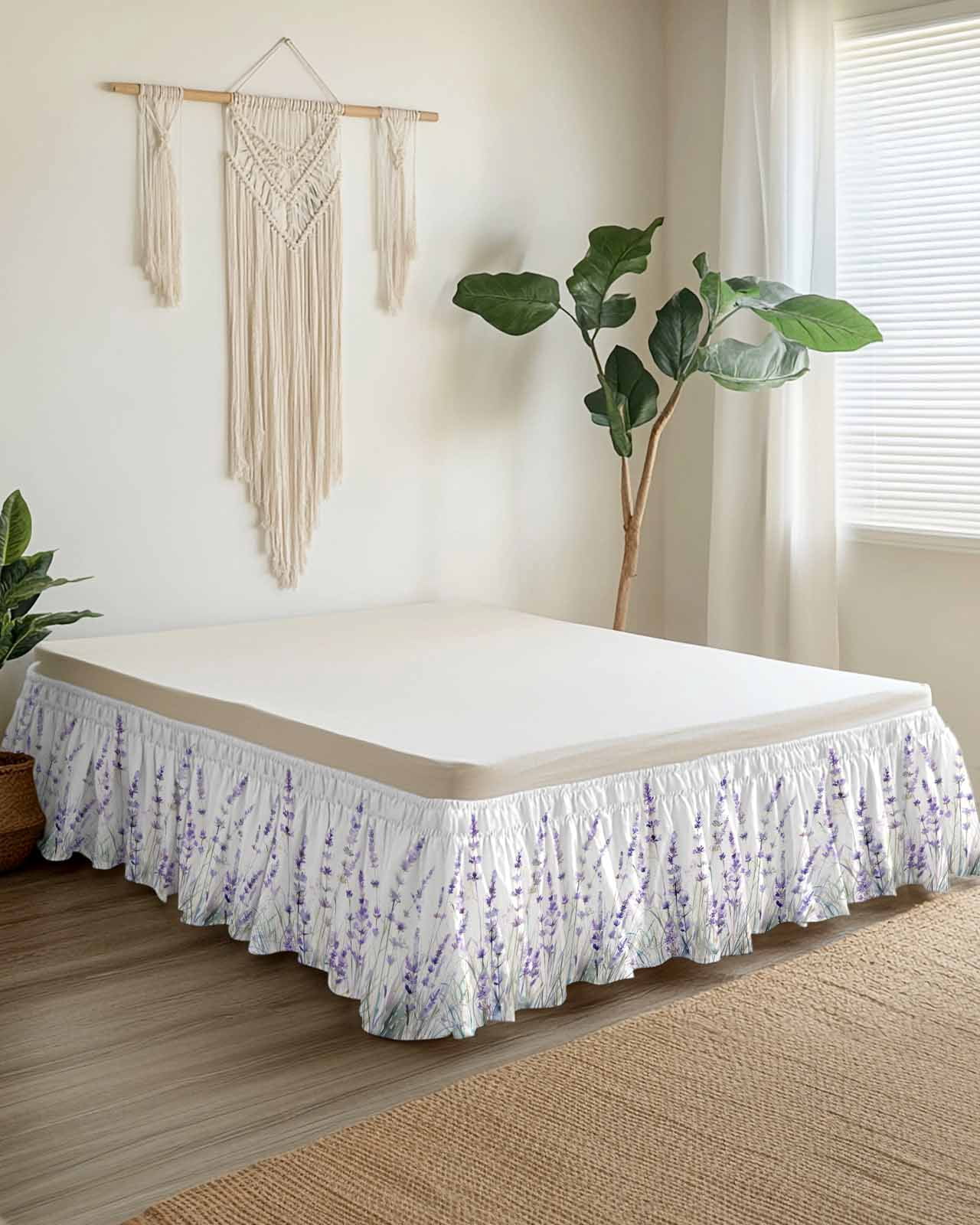 Lavender Floral Wrap Around Bed Skirts for Queen Bed 18" Drop, Bed Skirt with Adjustable Elastic Belt Dust Ruffle Bed Valance for Bedroom Hotel Luxury Spring Flowers Botanical Plants Bed Frame Cover