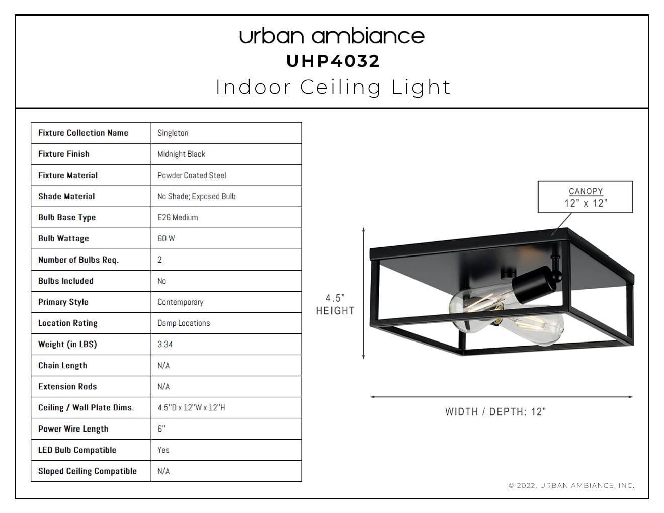 Luxury Modern Ceiling Light, 4.5H x 12W, with Mid-Century Modern Style, Midnight Black, UHP4032 by Urban Ambiance