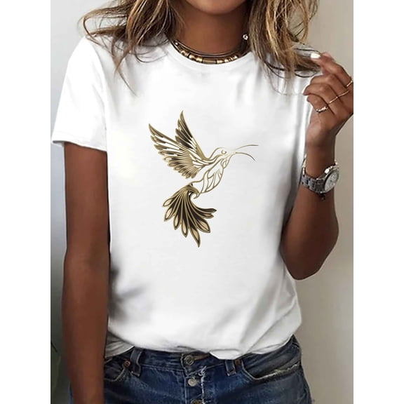 Gold Foil Style Hummingbird Graphic T-Shirt, Women's Nature Bird Tee, Elegant Minimalist Art Design
