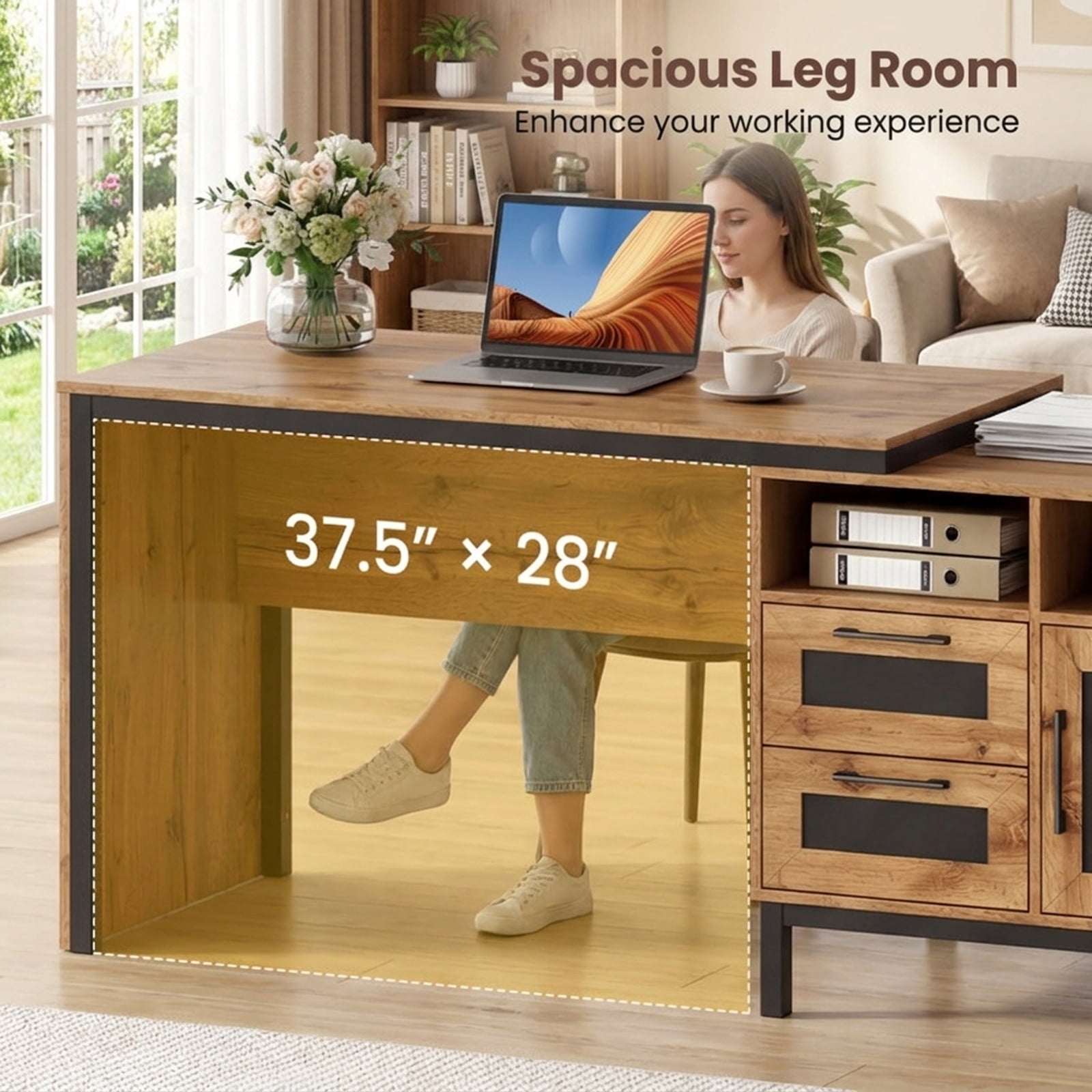 Furnibear Computer Desk 71 Inch Computer Table with Open Compartments and Drawers, Natural