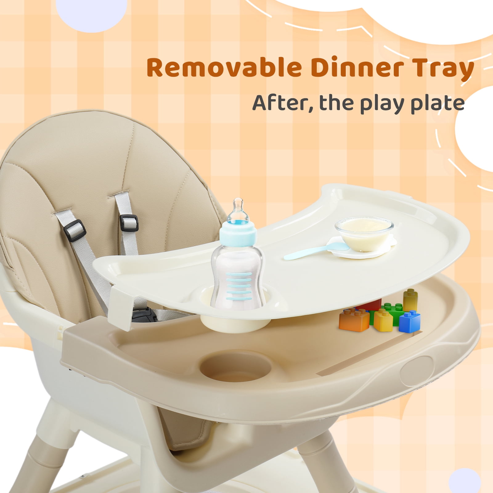 PEXMOR 7 in 1 Convertible Baby High Chair, Leather Cushion Eating Table Chair Set for Babies Toddlers, Beige