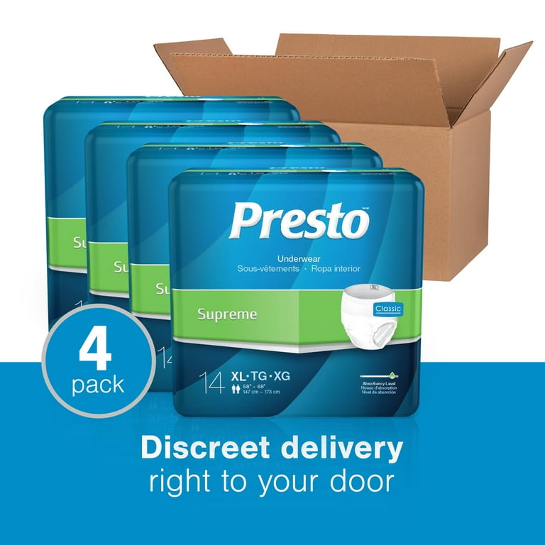 Presto Supreme Breathable Incontinence Underwear for Women and Men -  Disposable, Odor Eliminator, X-Large - 56 ct (4 Bags of 14) 