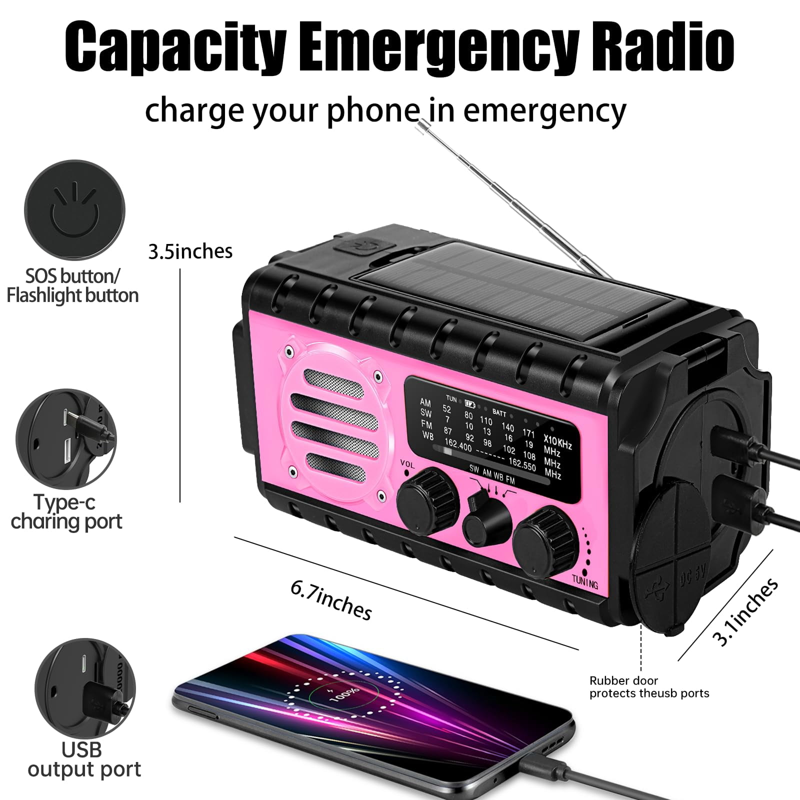 74000mwh Emergency Radio With Noaa Weather  Portable Hand Crank Sw/am/fm Fast Charge Rechargeable Solar Flashlight Reading Lamp Sos Sirenor Home Outdoor(pink)