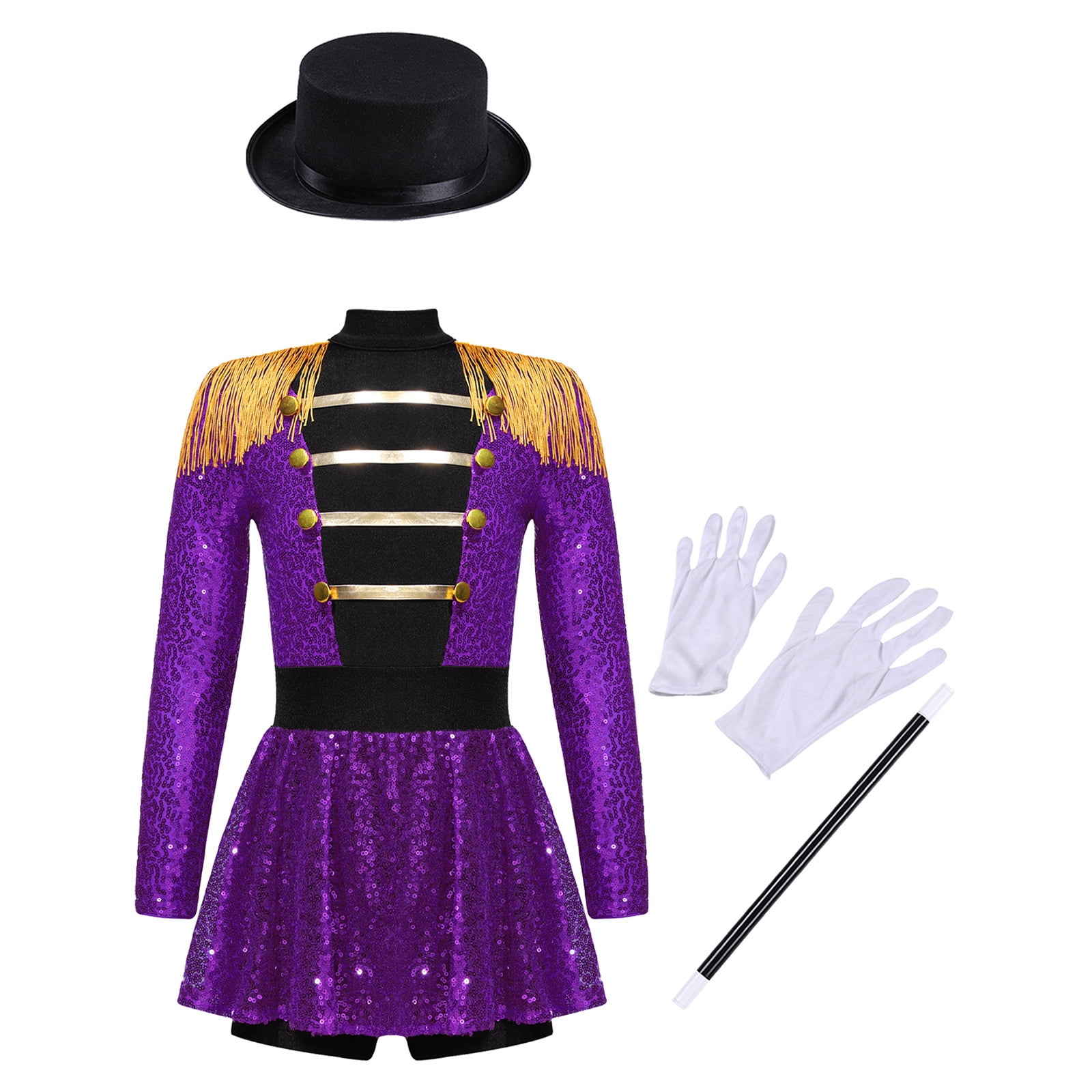 iiniim Girls Circus Ringmaster Jumpsuit Shiny Sequins Performance Leotard Dress Magician Outfits Purple 14