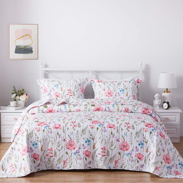 SunStyle Home Colchas florales tamaño Queen suave y duradera colcha acolchada ligera de verano reversible con estampado bohemio, juego de cama con fundas de almohada para todas las estaciones, 3 pieza