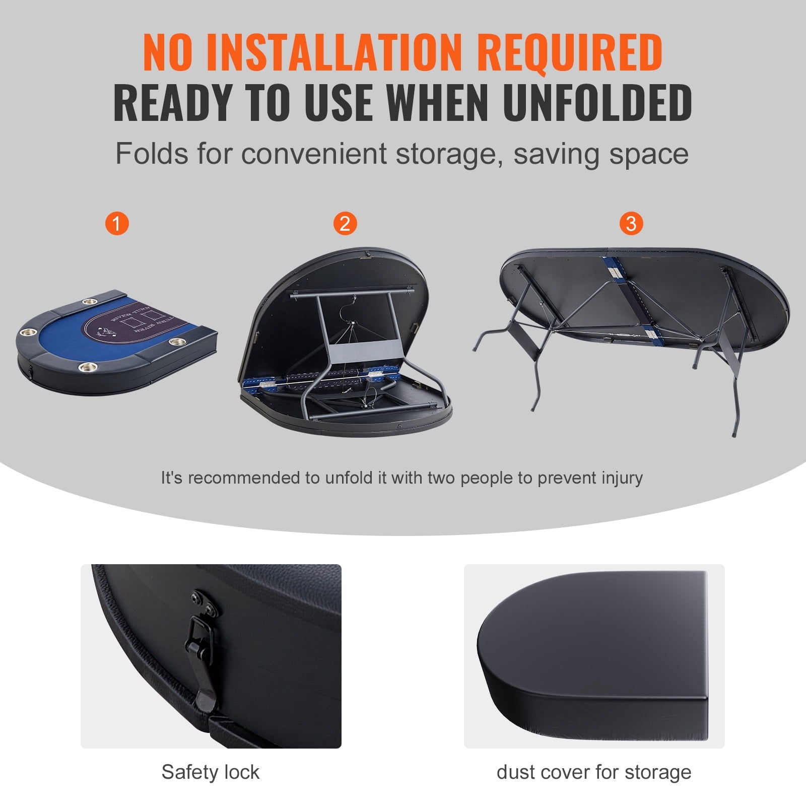 KFFKFF Portable 8-Seat Poker Table, Oval Folding Card Game Table for Texas Holdem & Blackjack, Equipped with Cushioned Edges & Metal Drink Holders, 72" Leisure Gaming Table, Blue