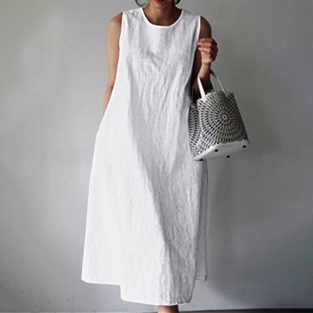 Meichang Robes d'Été Sans Manches pour Femmes, Unies, Coupe Ample, Décontractées, en Coton et Lin, Robes Maxi, Col Rond, Poches, Longues Robes, Coupe Ample, Robes Évasées Décontractées, Blanc, TG