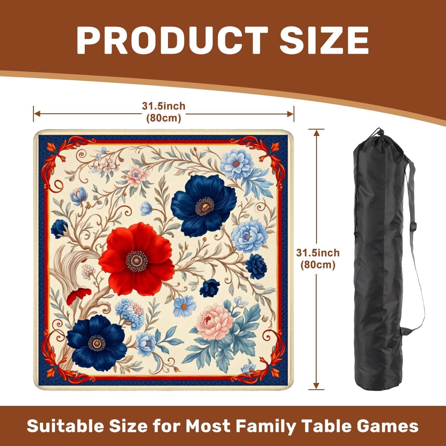 Mahjong Mat with Carrying Bag 31.5" x 31.5" Non-Slip Noise Reduction Floral Red Blue Flowers Cream Ornamental Botanical Design Table Mat for Mahjong Poker Dominoes Card Board Tile Games