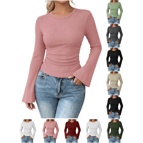 Liuinsasek Women's Casual Long-Sleeve Top Solid Color Fashion Ribbed Fitted Round Neck Flared Sleeve Pullover Tops Going Out Basic Fall Winter Stylish Outfits