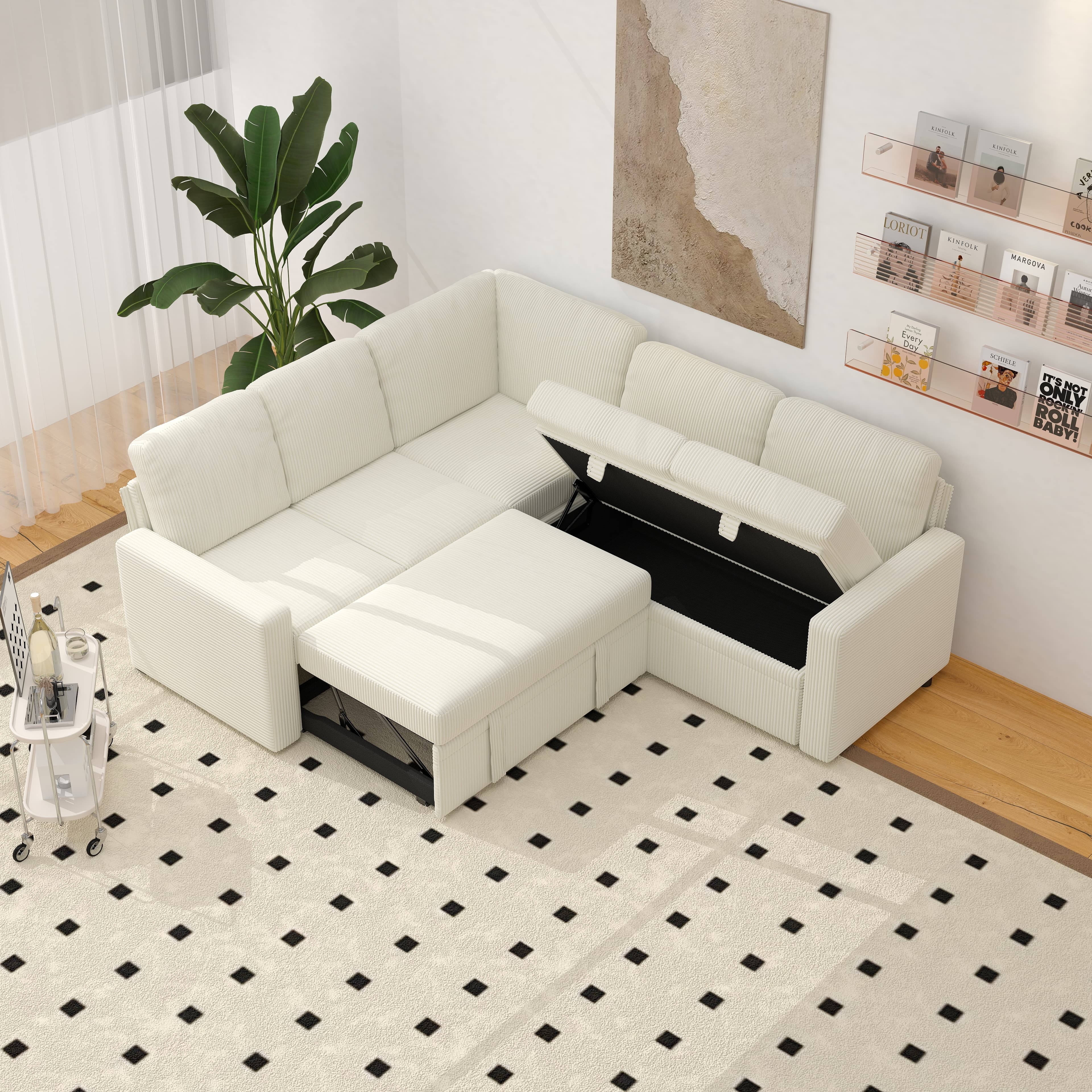 BSHTI Modern L-Shaped Pull-Out Sectional Sleeper Sofa Bed with Storage for Living Room, Beige
