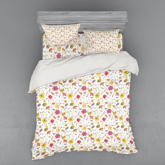 Floral Duvet Cover Set, Colorful Spring Flowers Carnations and Tender Curvy Stems with Birds Butterflies, Bedding Set with Shams and Fitted Sheet, 3 Sizes, by Ambesonne