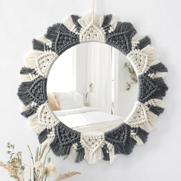 Wall Mirror Boho Macrame Fringed Mirror with Wood Beads Feather Pendant Round Wall Art Mirror for Bedroom Hallway(Gray)