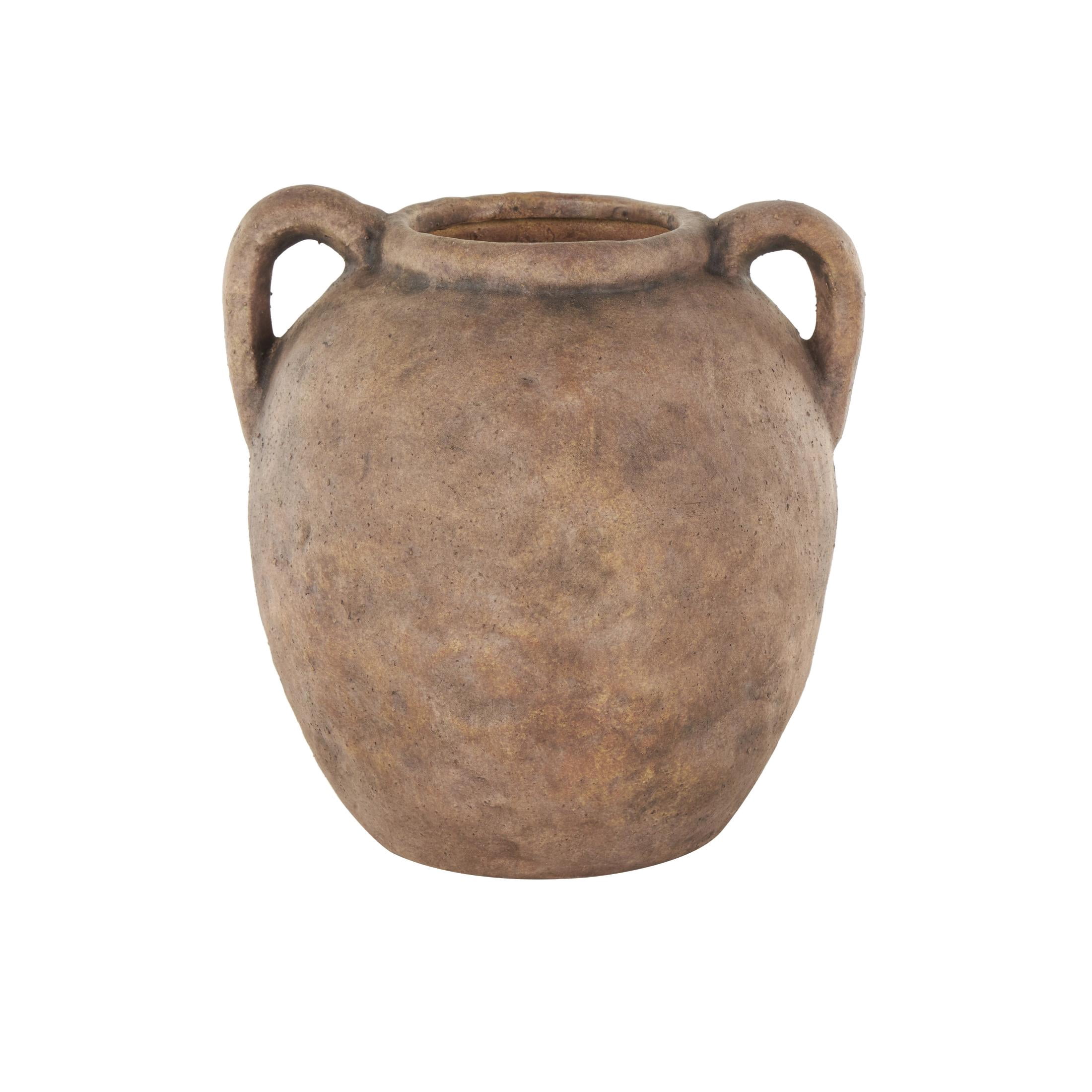 DecMode 10" Antique Style Textured Brown Ceramic Vase with Handles