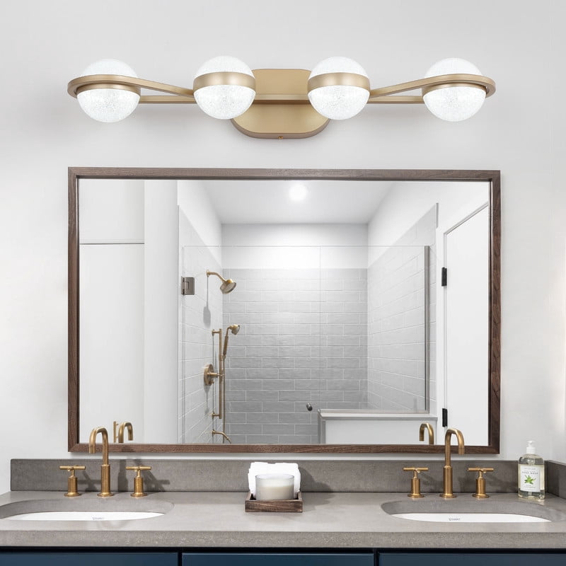 28" Gold 4-Light LED Bathroom Vanity Light Fixture, Modern Wall Mounted Lighting with Crystal Sand Acrylic Shades, Bathroom Light Fixtures Over Mirror for Vanity, Bedroom, Powder Room