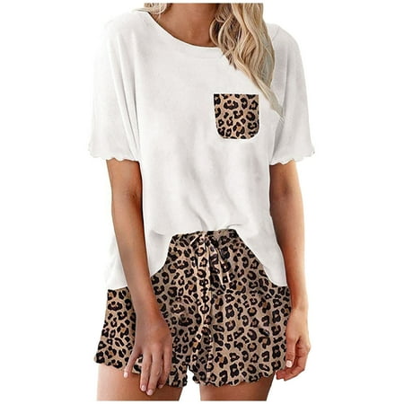 

Yuwull Women Sleepwear Pajama Sets For Women Soft Women S Pajamas Leopard Print Short Sleeve Top Shorts Two-Piece Set Silk Pajamas For Women On Clearance