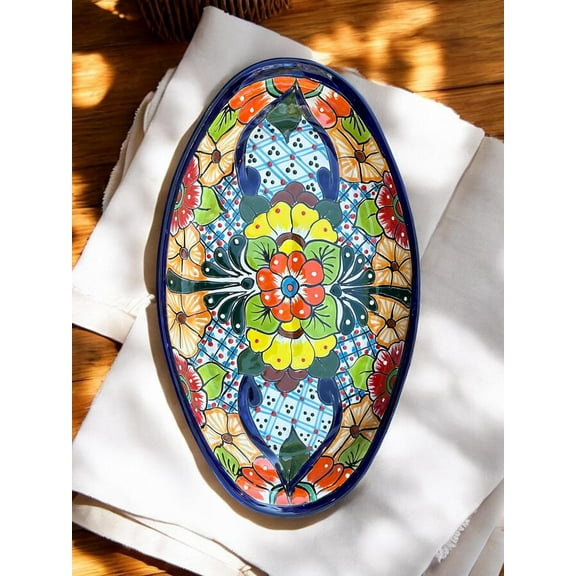 Large Talavera Oval Platter – 17.5” x 10” Hand-Painted Ceramic Mexican Pottery Serving Tray