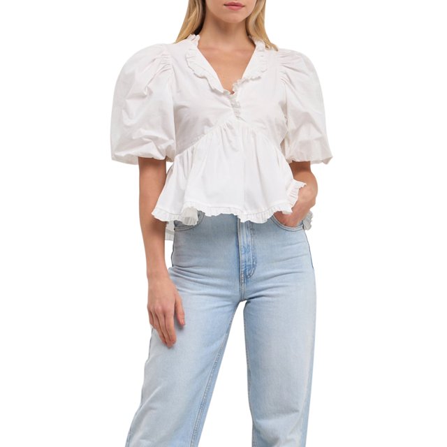 SUNSIOM Women’s Puff Sleeve Peplum Tops Frill V Neck Solid Color Loose Shirts Spring Fall Blouses