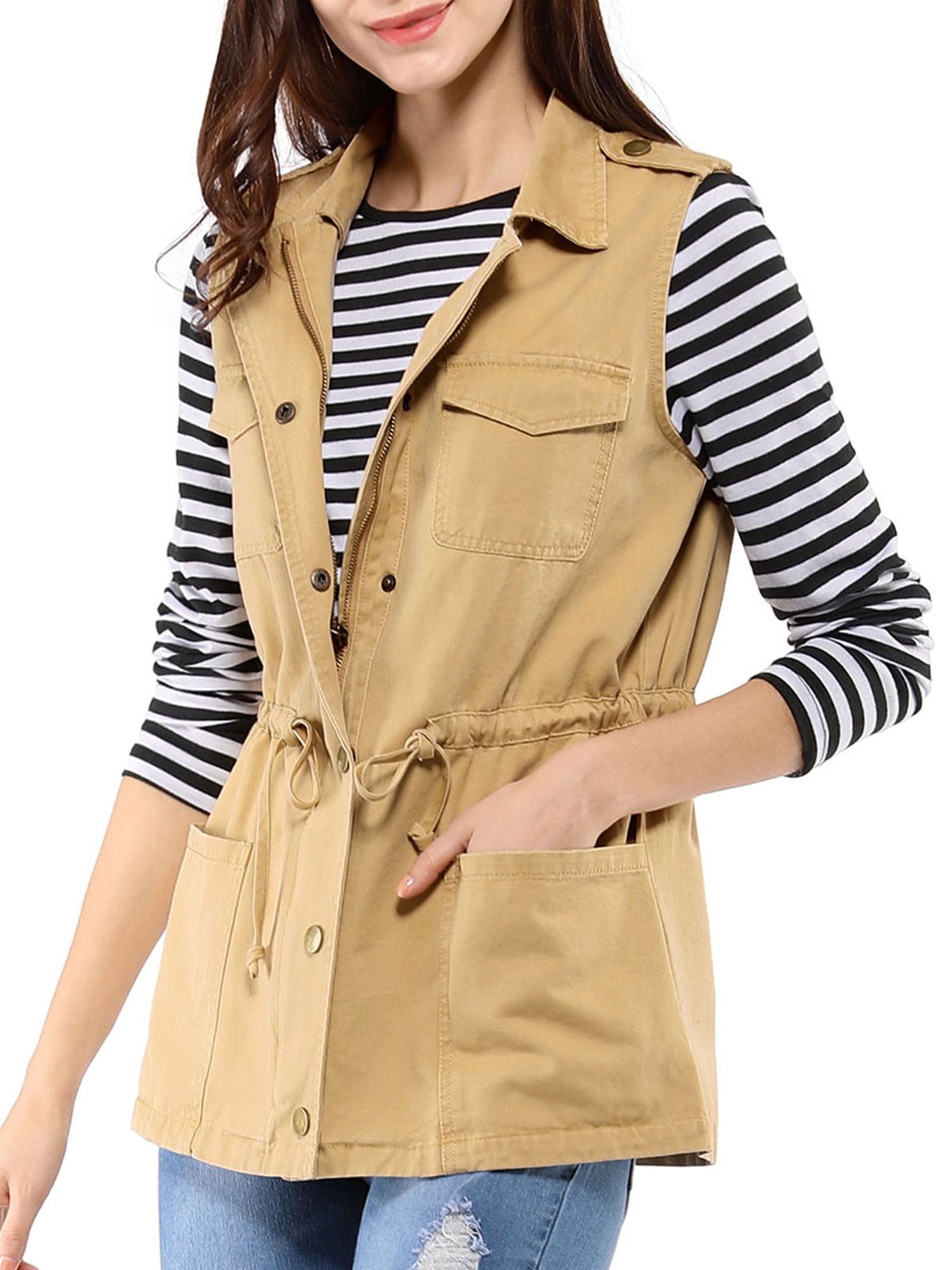 DARING DIVA Women Functional Pockets Drawstring Waist Cargo Vest M Khaki