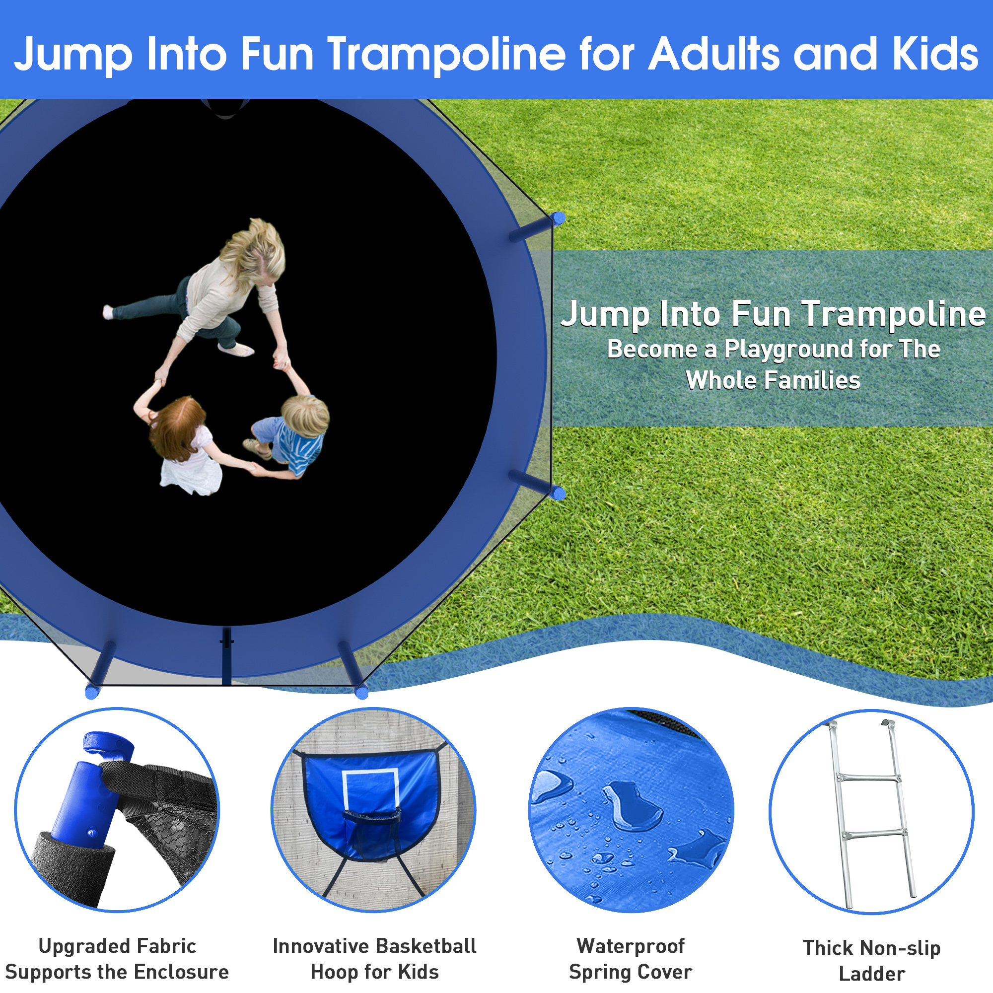 Jump Into Fun Trampoline 12FT 8 10 14 15 16FT Outdoor Trampoline for Kids and Adults with Enclosure and Basketball Hoop, 1200LBS Weight Capacity for 4-5 Adults and Kids, Easy Assembly