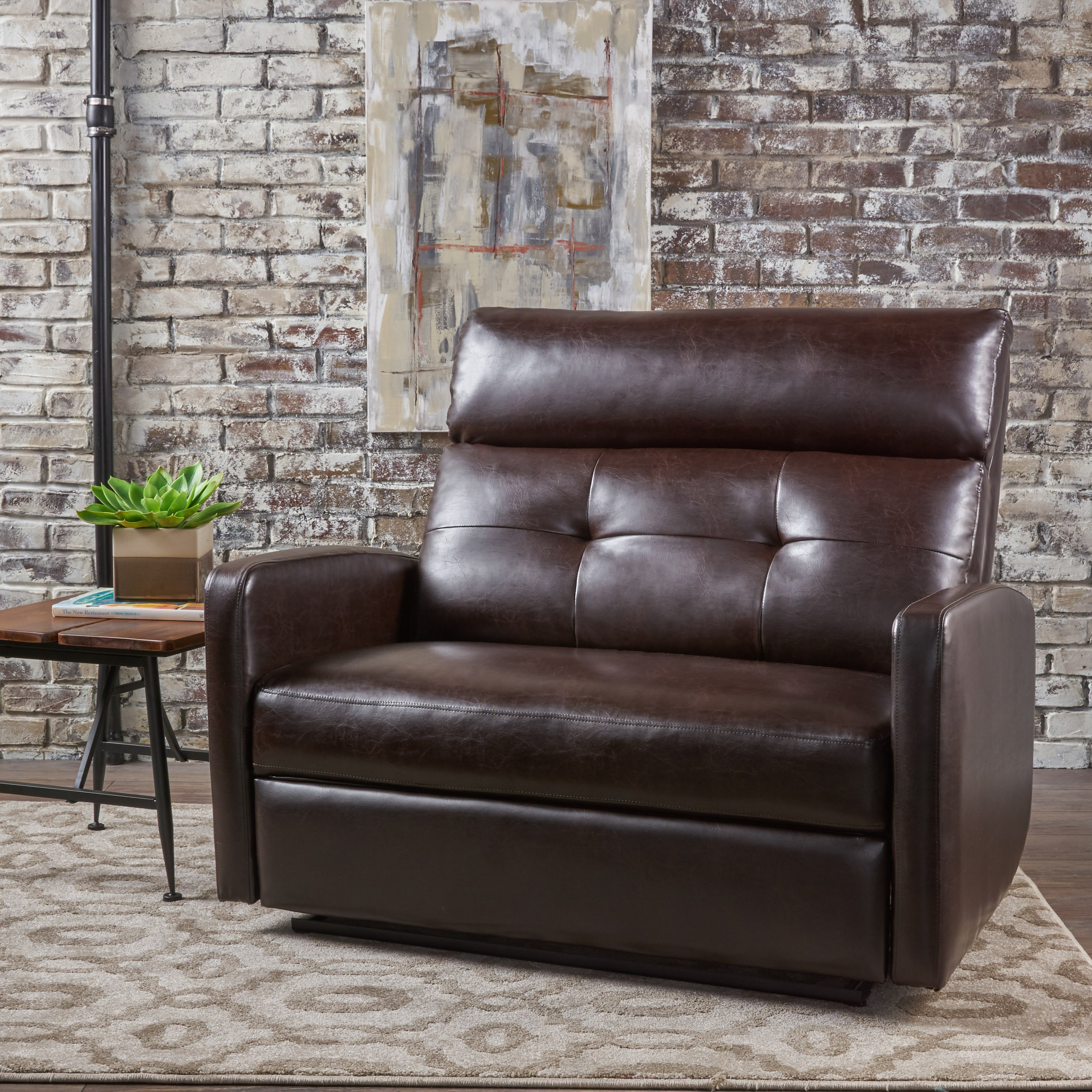Noble House Baum Faux Leather Love Seat Recliner, Brown