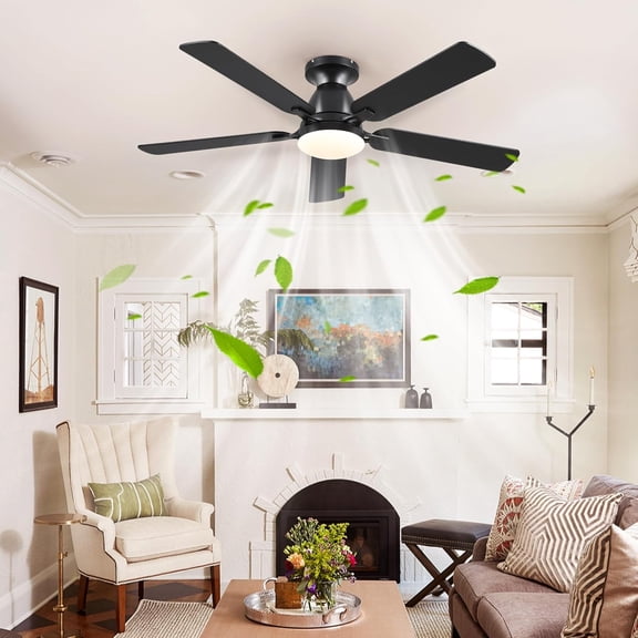 52 Inch Flush Mount Ceiling Fan with Light and Remote, Quiet  Motor Reversible Dimmable LED Black for Bedroom Living Room