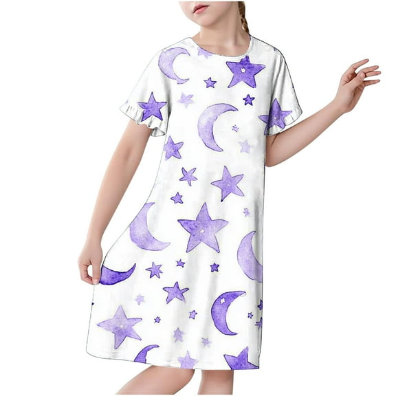 Auroural Girls Nightgowns 3T 3-12 Years Children's Fashion Printed Dreamy Pajamas Mid Calf Nightgown