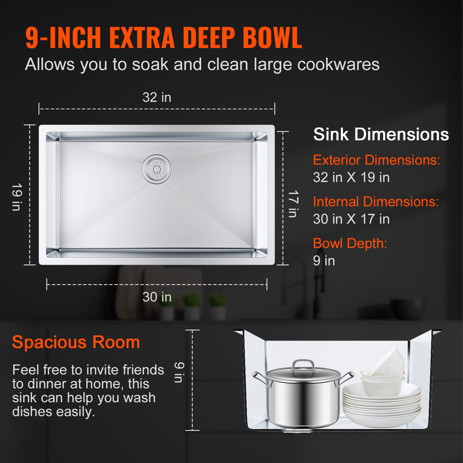 KFFKFF 32" Undermount Kitchen Sink Single Bowl Basin Stainless Steel Kitchen Bar