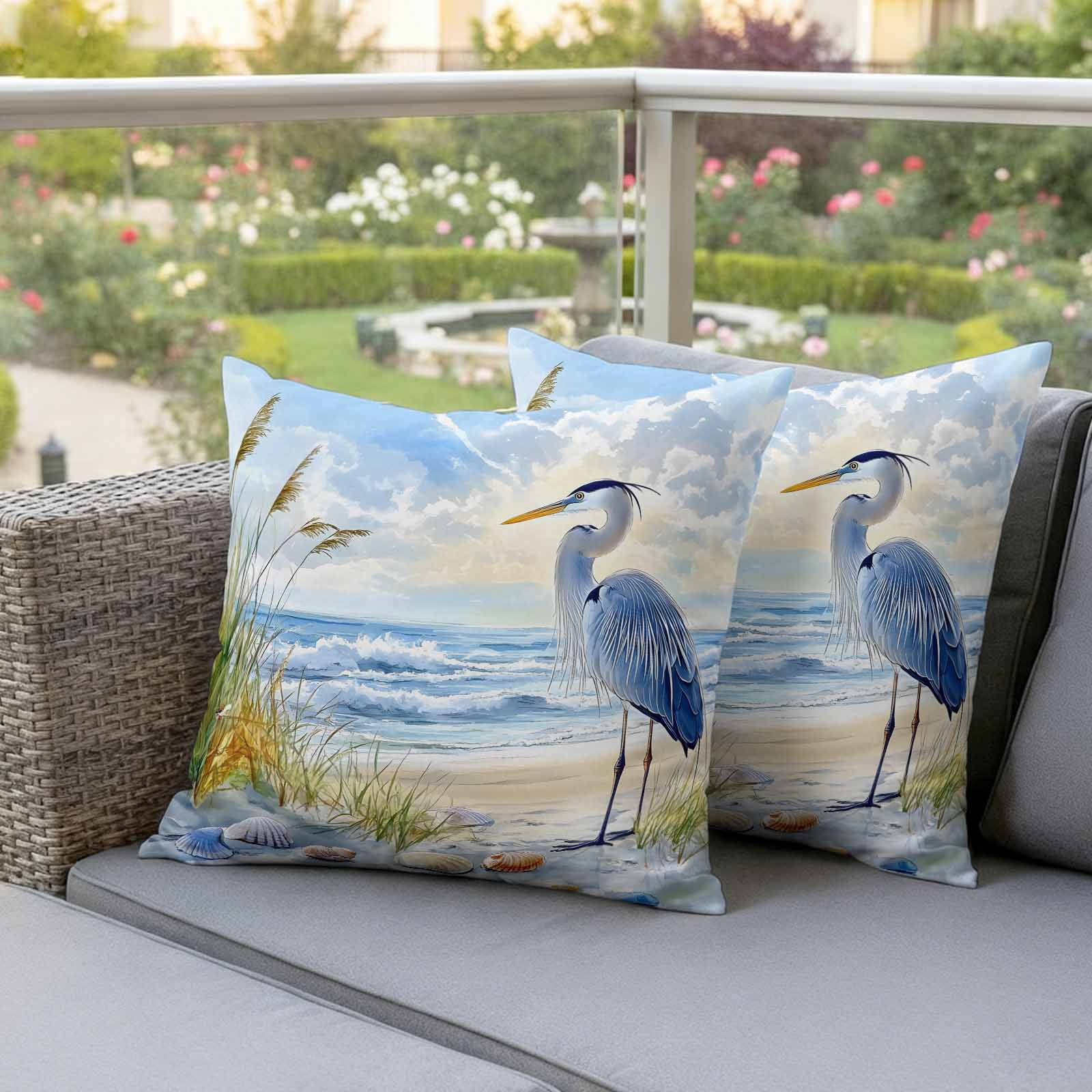 Pack of 2 Outdoor Pillow Covers 20x20 Inch Waterproof Coastal Birds Throw Pillow Covers,Decorative Couch Pillow Shams Protectors Blue Sky Heron Seabird Tropical Beach Patio Pillowcases Cushion Covers