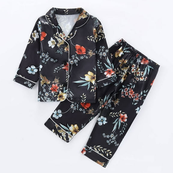 Honeeladyy Satin Pajamas Set for Big Girls, Floral Pattern Printed Button Down Satin Long Sleeve Top and Long Pant Set Sleepwear Loungewear for Mom Boys Kids Gifts (Black,2-3 Years)