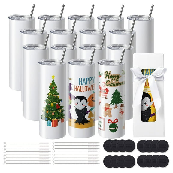 LYYHTY 16-Pack 20oz Straight Sublimation Tumblers, Blank Stainless Steel Cups with White Coating, Transparent Lid, DIY Heat Press/Oven Compatible, Bulk Gift Set for Christmas, Thanksgiving, Birthday