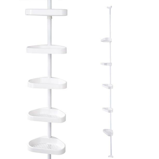 Aquaterior 5 Tier White Plastic Tension, Tension Rod Bathroom Shelves