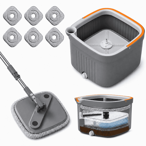 Square Spin Mop and Bucket Set, Clean & Dirty Water Separation, Hands-Free Self-Wringing, 6 Machine Washable Microfiber Pads for Multi-Floor Compatible