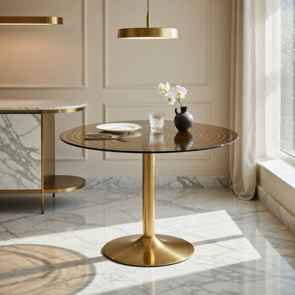Hommoo 35 Inch Round Glass Dining Table with Metal Base, Light Luxury Brown Ring Top Coffee Table for Small Spaces (2-4 People), Gold