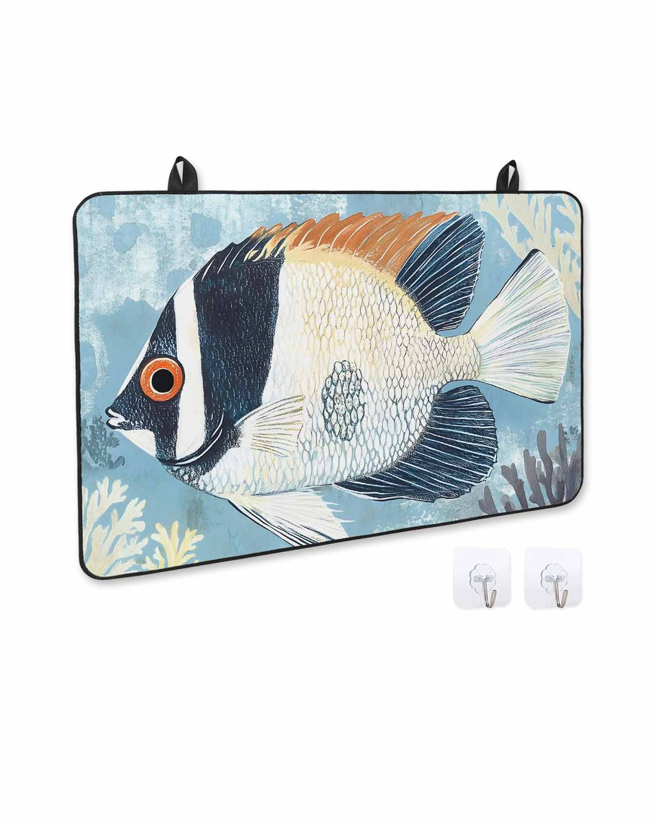 nqOlkjepod Large Induction Cooktop Protector Mat 24"x21", Summer Coastal Stove Top Covers for Electric Stove, Vintage Ocean Watercolor Fish Coral Stove Burner Cover Mats, Glass Top Stove Cover