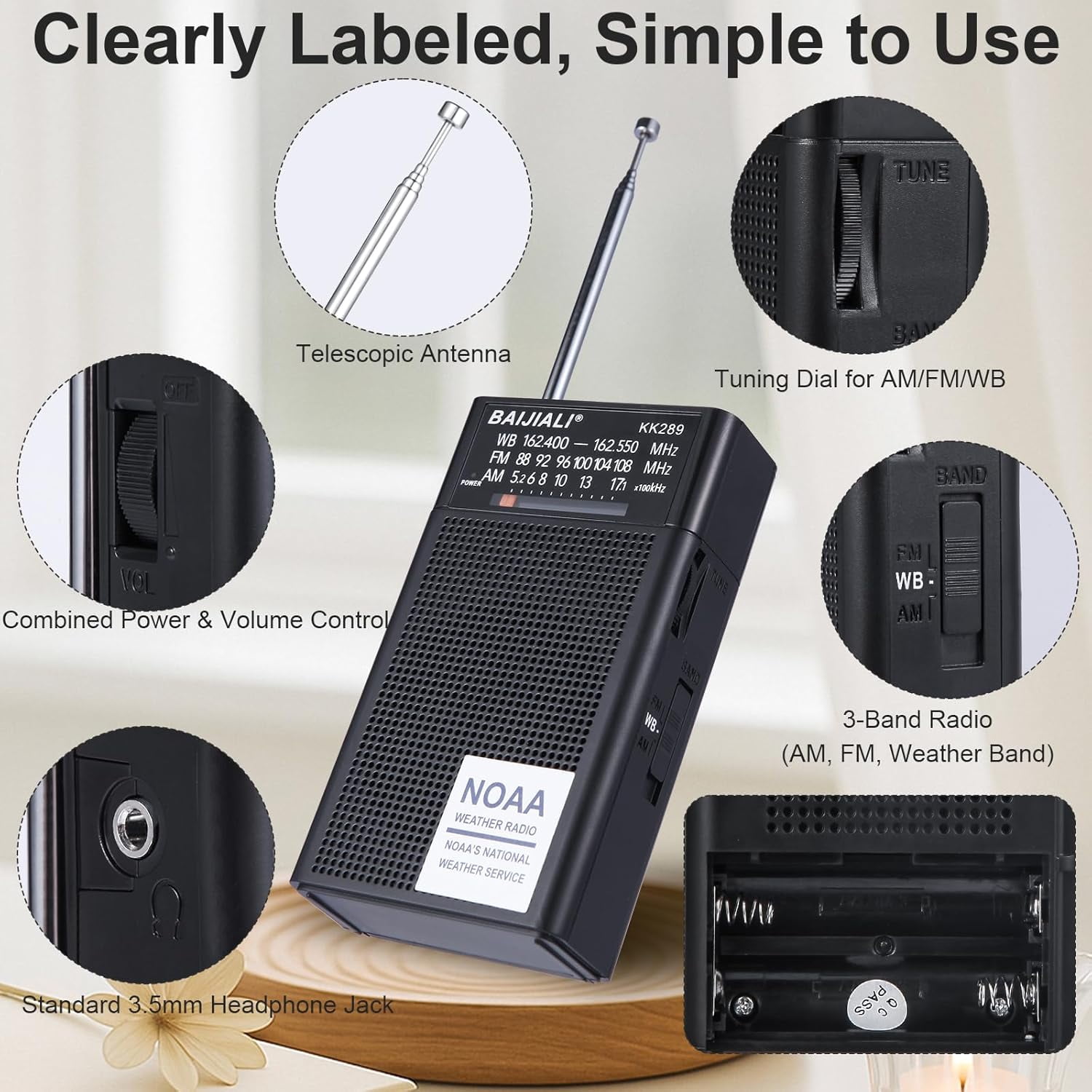 HRTGFD-NOAA Weather Radio with AM/FM, Emergency Portable Radio - Strong Reception, Battery Operated, Headphone Jack for Storms, Hurricanes and Outdoor Activities (Black)