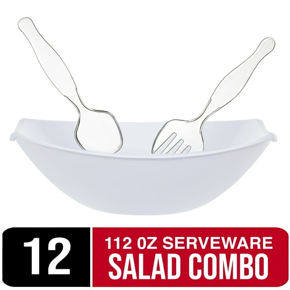 12 Piece - Crown Display Large White Disposable Plastic Serving Bowls (112oz) - With 4 Clear Disposable Plastic Deluxe Salad Spoons & forks