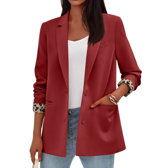 Red Blazers Womens Casual Open Front Curved Hem Long Sleeve Lapel Collar Work Office Jacket S