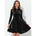 thumbnail image 2 of Allegra K Vestido corto de terciopelo para mujer con cuello Peter Pan y cintura alta con abertura y manga larga Negro L, 2 of 5