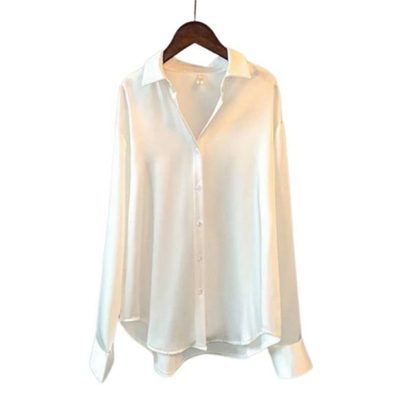 PENGXIANG Satin Silk Shirts for Women Button Down Long Sleeve Tunic Blouse Casual V-Neck for Daily Office S White